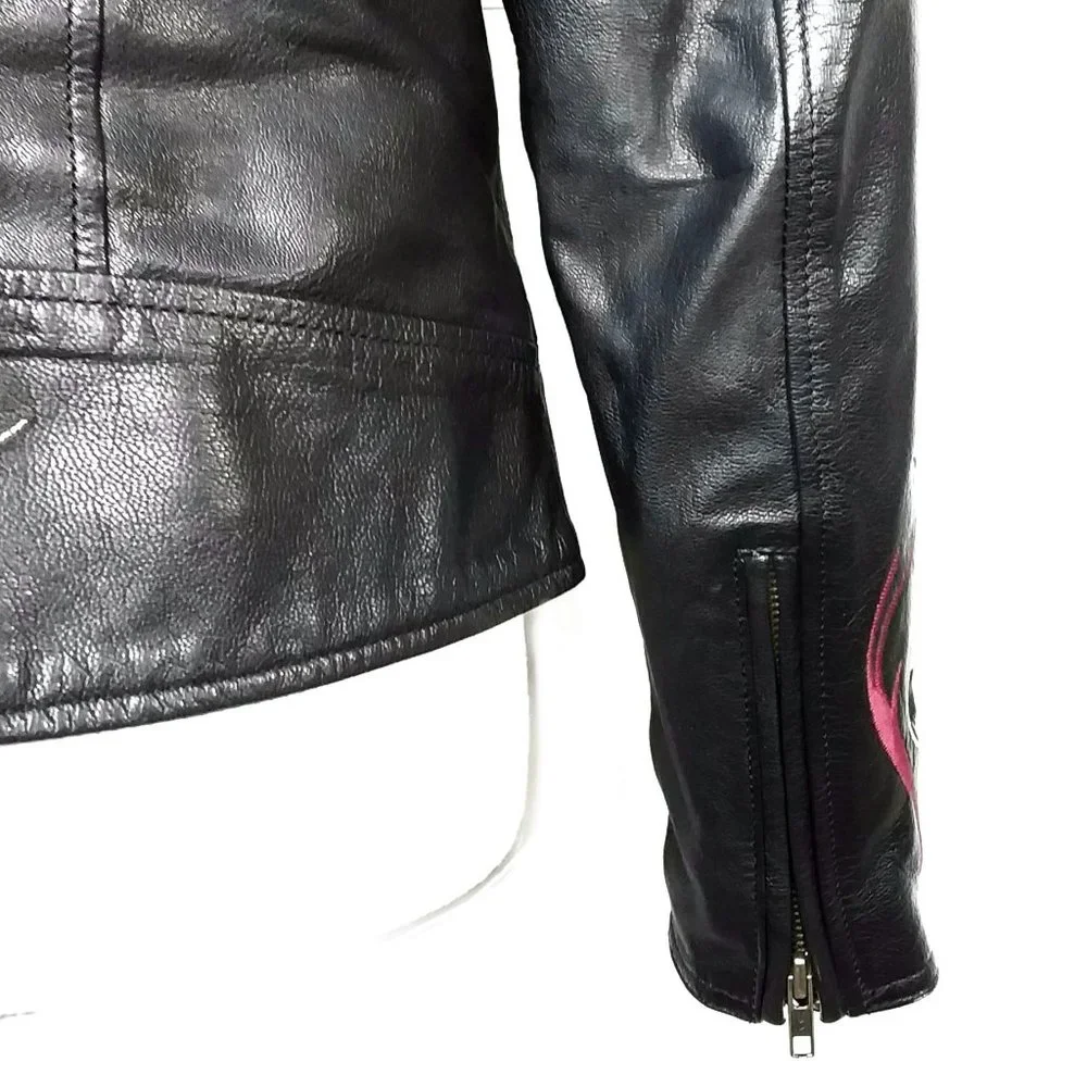 Harley Davidson Black Leather Moto Jacket Embroidered Logo Rose Size Medium - Picture 9 of 12